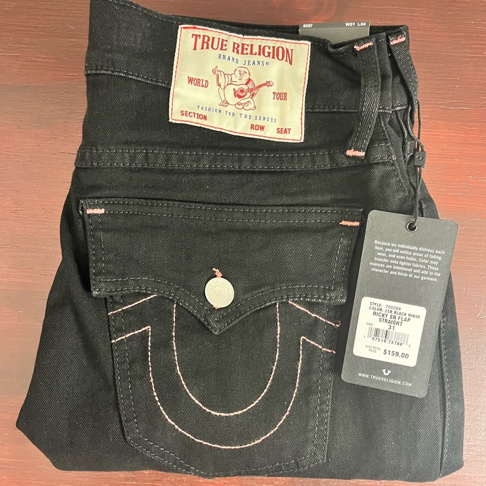 NWT True Religion Mens 31x34 Ricky SN Flap Straight Jeans Black/pink Horseshoe